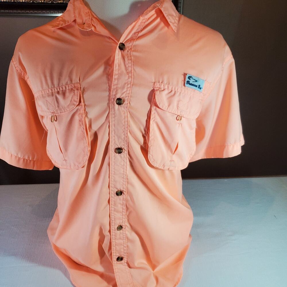 Branson Bay Mens Medium M Fishing Shirt Short Sleeve Button Up Orange Peach Top